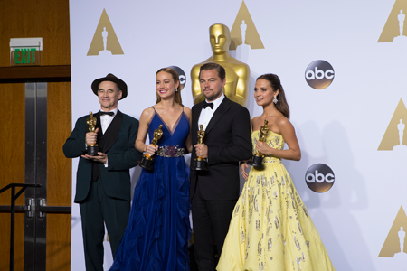 The Oscars - pressroom: Academy Award winners, from left: Mark Rylance, Brie Larson, Leonardo DiCaprio and Alicia Vikander. The 88th Oscars, held Sunday, Feb. 28, at the Dolby Theatre at Hollywood & Highland Center in Hollywood, was televised live by the ABC Television Network. (ABC photo by Rick Rowell)