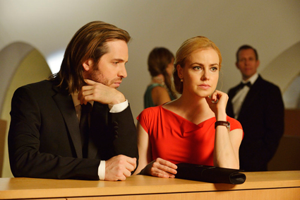 "12 Monkeys": Pictured, from left, are stars Aaron Stanford as James Cole and Amanda Schull as Dr. Cassandra Railly. (Syfy photo by Ben Mark Holzberg)