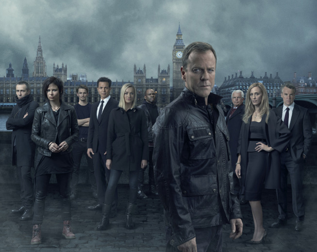 "24: Live Another Day": Pictured, from left, are stars Michael Wincott, Mary Lynn Rajskub, Giles Matthey, Benjamin Bratt, Yvonne Strahovski, Gbenga Akinnagbe, Kiefer Sutherland, William Devane, Kim Raver and Tate Donovan. "24: Live Another Day" is set to premiere Monday, May 5, on FOX. (FOX photo by Greg Williams)