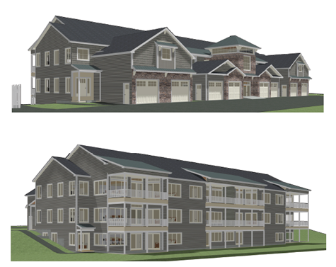 Pictured above are two artistic renderings of the Tuscarora condo building designed by Fittante Architecture. The top drawing fronts on South First Street, while the bottom faces the river.