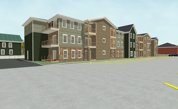Pictured is a rendering of the south side of a proposed three-story apartment complex facing Onondaga Street. (Image courtesy of Giusiana Architects & Engineer)