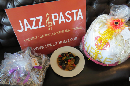 A "Jazz & Pasta" dish and basket items.