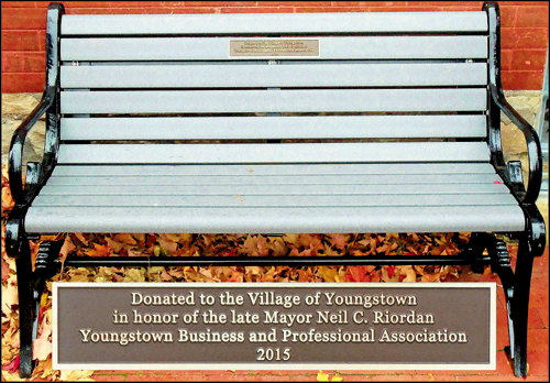 The park bench recently dedicated by YBPA in memory of late Youngstown Mayor Neil C. Riordan.