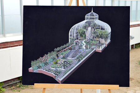 A rendering of new exhibits planned for the renovated greenhouses. The aquatic garden will include a new water feature, refurbished koi pond, a new bridge over the koi pond, and many plants native to Asia. The Asian rainforest will feature a decorative teahouse, a moon gate, a redesigned waterfall, orchids, bamboo and a bonsai collection.