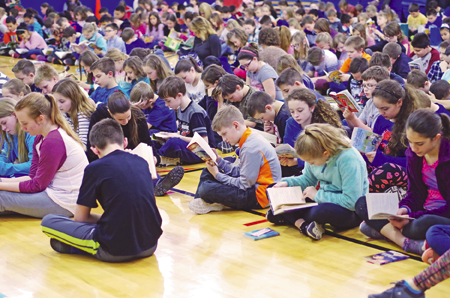 Kaegebein Elementary School children read during a read-a-thon April 7 in support of the GI Challenge, a fundraiser for Children's Hospital, and afterward, the school had a visit from Buffalo Sabres mascot Sabretooth and Buffalo Bills mascot Billy Buffalo.
