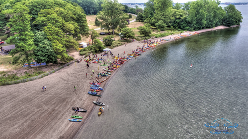 An aerial photo shows the start and finish area of Paddles Up! (Photo by K&D Action Photo and Aerial Imaging)