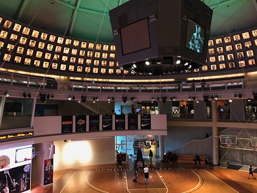 The second floor view of the basketball court at the Basketball Hall of Fame.