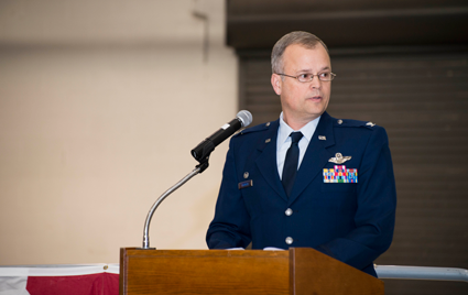 Col. Brian S. Bowman addresses members of the 914th Airlift Wing during the Assumption of Command ceremony.
