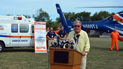Doug Baker, Mercy Flight president and founder, speaks to the public at Monday's press conference.