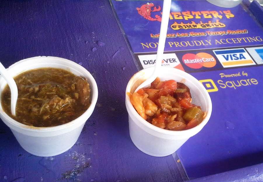 Chester's Cajun provided $2 samples of the south: Chicken and Andouille Sausage (left) and Seafood Jambalaya (right).