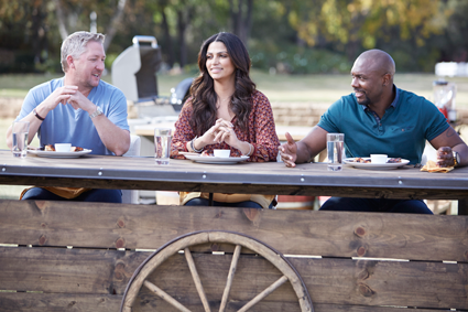 Guest judge Tim Love with hosts Camila Alves and Eddie Jackson on Food Network's "Kids BBQ Championship." (Food Network photo)