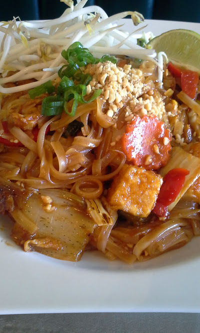 The pad Thai entrée with the tofu and vegetable option ($9.99).