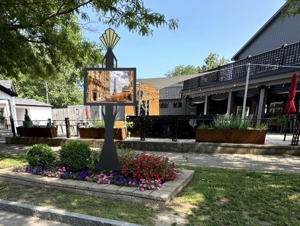 Shown here is Dan Buttery's rendering of a metal frame and artwork that is part of the `Lewiston Public Art Project.` The frame above is superimposed in front of Gallo Coal Fire Kitchen on Center Street.