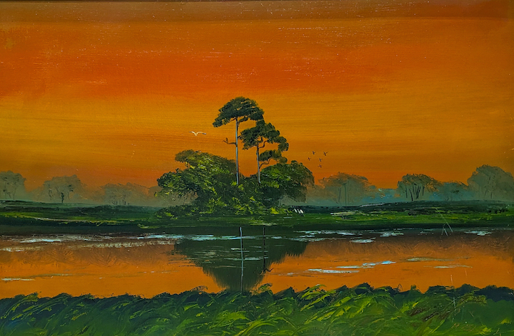 Al “Blood” Black (n. 1947) “Untitled (Orange Sunset)” y óleo sobre tabla Upson con marco realizado por el artista.  Colección de Ray y Selina McLendon.  (Imagen cortesía del Museo de Arte Castellani)