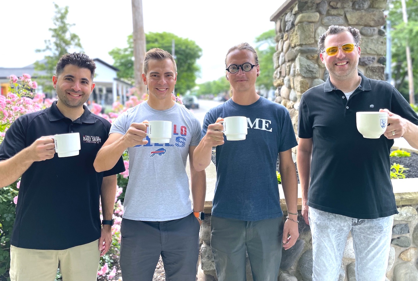 Lewiston business owners are giving back to active-duty and retired military members over the July 1-4 weekend. Pictured on Center Street, from left, are Mike Fiore of The Village Bake Shoppe, Joel Erway of The Webinar Agency, Michael Broderick of The Orange Cat Coffee Co., and Matt DiCamillo of DiCamillo Bakery.