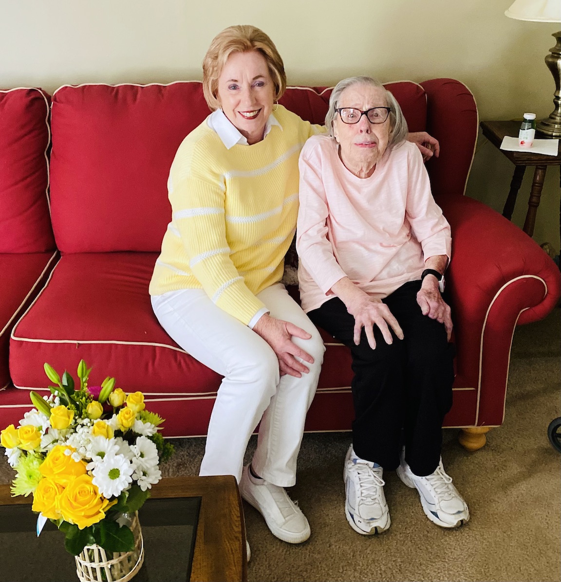 Village of Lewiston Mayor Anne Welch and former Mayor Marilyn Toohey visit at Mrs. Toohey's home on Wednesday.