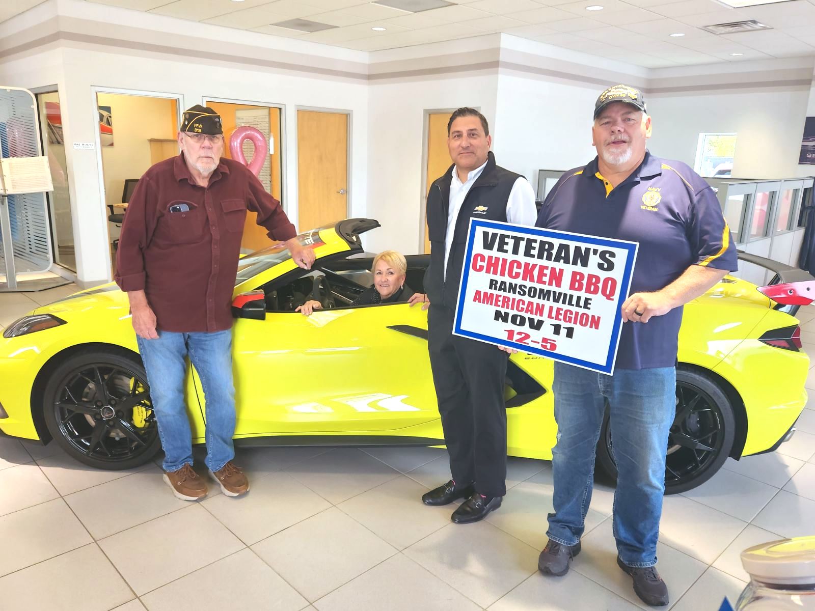 First District Niagara County Legislator Irene Myers is pictured in a 2023 Chevy Corvette at the Ransomville KiPo dealership. Joining her are Cmdr. Ed Jackson of Youngstown VFW Post 313 and Cmdr. Rick Newman of the Ransomville American Legion Post. (Submitted photo)