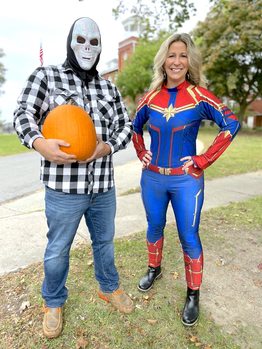 Lewiston merchants invite families to participate in this year's `Trick or Treat on Center Street.` Pictured here are Trait-Carré owner and Upward Niagara Chamber of Commerce Board Chairman Matt Villnave and Inspirations on Canvas owner/artist Kathy Pignatora.