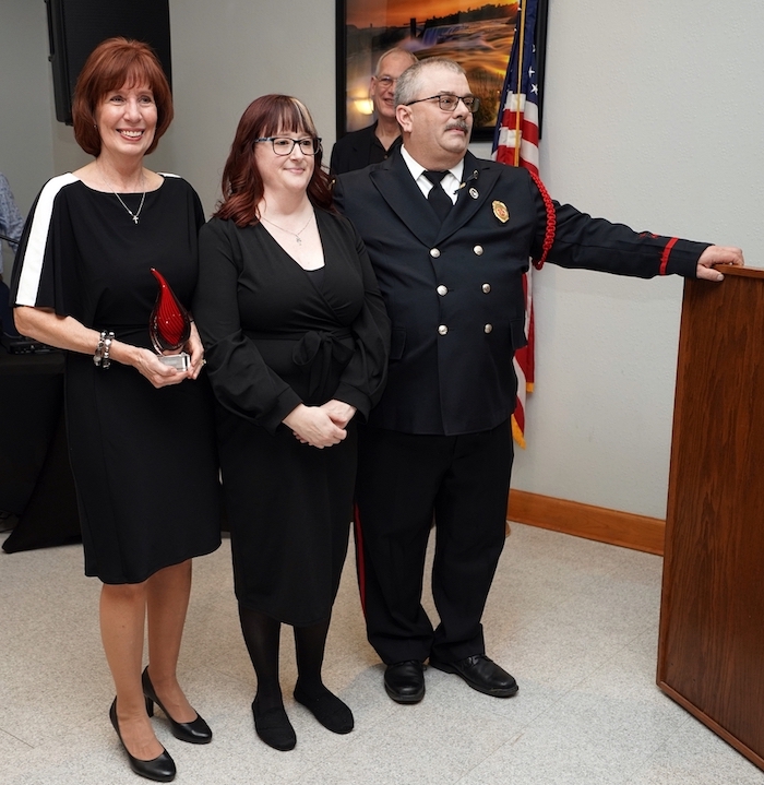 EMS Capt. Suzanne Burrows, left, is recognized as YVFC firefighter of the year. Shown with her are YVFC President Virginia O'Neill and Wieland. (Photo by Kevin and Dawn Cobello, K&D Action Photo and Aerial Imaging)