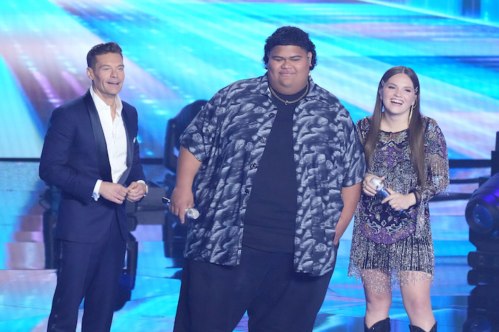Pictured at the `American Idol` season finale: host Ryan Seacrest and finalists Iam Tongi and Megan Danielle. (ABC photo by Eric McCandless)