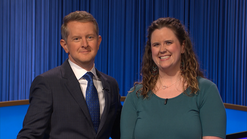 `JEOPARDY!` host Ken Jennings with Grand Island's Carolyn Shivers. (Photo courtesy of Jeopardy Productions Inc.)
