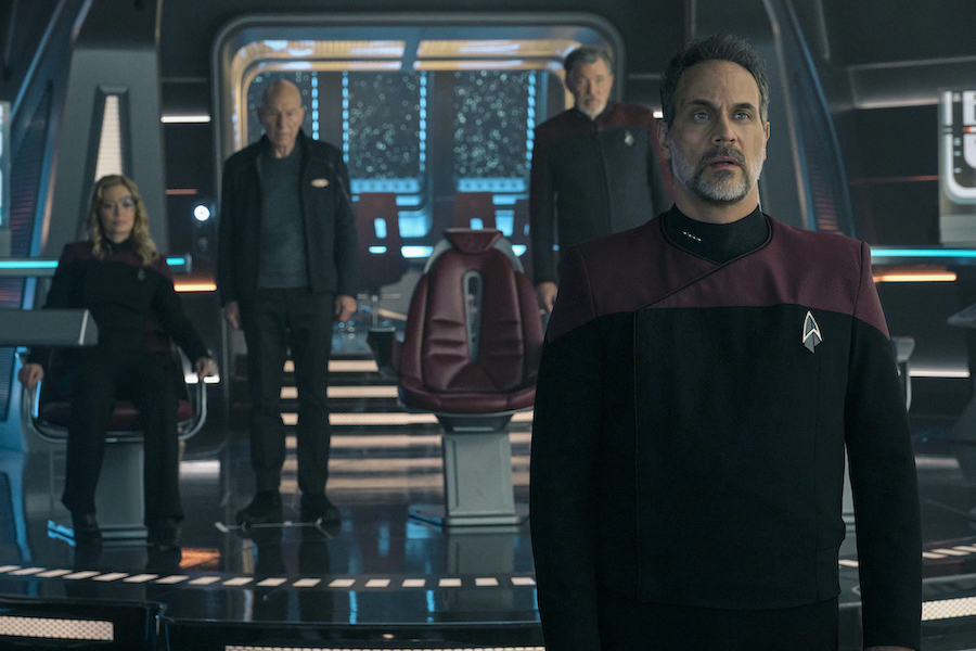 Jeri Ryan as Seven of Nine, Patrick Stewart as Adm. Jean-Luc Picard, Jonathan Frakes as Capt. Will Riker and Todd Stashwick as Capt. Liam Shaw in `Imposters`/episode 305 of `Star Trek: Picard` on Paramount+. (Photo credit: Trae Patton/ Paramount+. ©2021 Viacom International Inc. All rights reserved.)