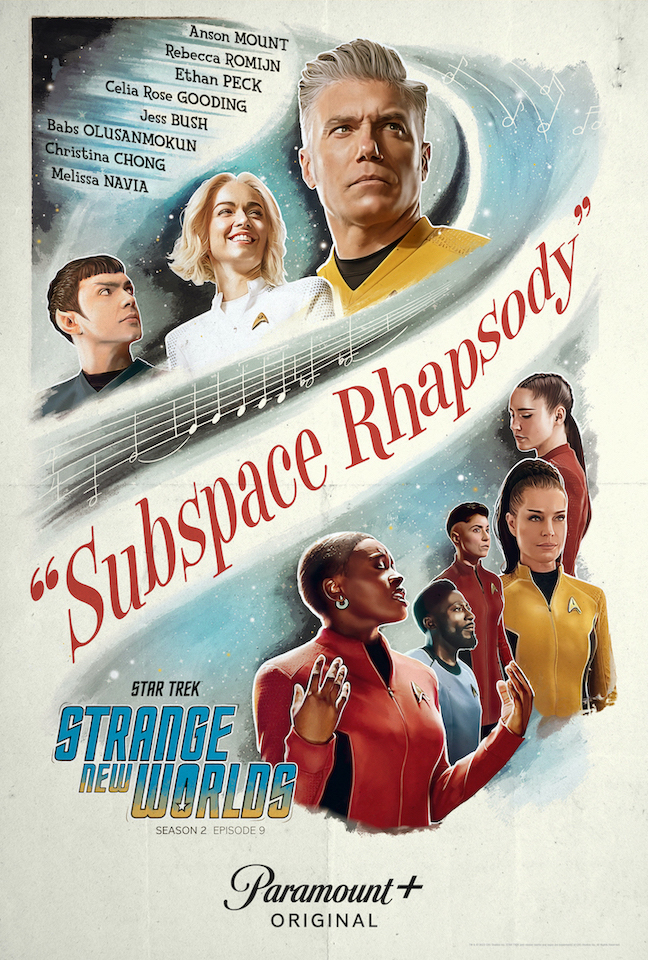 Pictured, from left, top to bottom: Ethan Peck as Spock, Jess Bush as Chapel, Anson Mount as Pike, Celia Rose Gooding as Uhura, Babs Olusanmokun as M'Benga, Melissa Navia as Ortegas, Rebecca Romijn as Una and Christina Chong as La'An appearing in `Star Trek: Strange New Worlds,` streaming on Paramount+, 2023. (Photo credit: Paramount+)