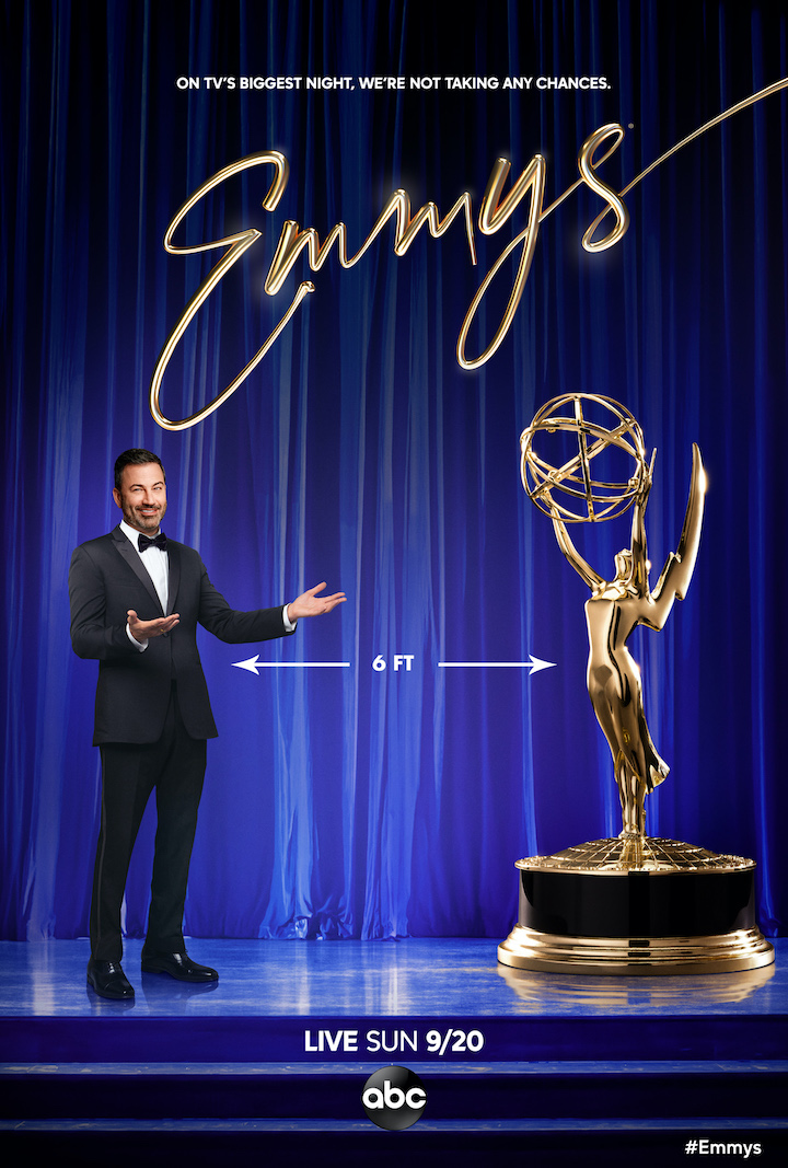Tuesday on `Good Morning America,` ABC debuted the all-new key art featuring host and executive producer Jimmy Kimmel. Kimmel is making sure everyone is following all safety protocols for television's biggest night...even Emmy herself! The 72nd Emmy Awards will broadcast Sunday, Sept. 20 (8 p.m. EDT), on ABC. 