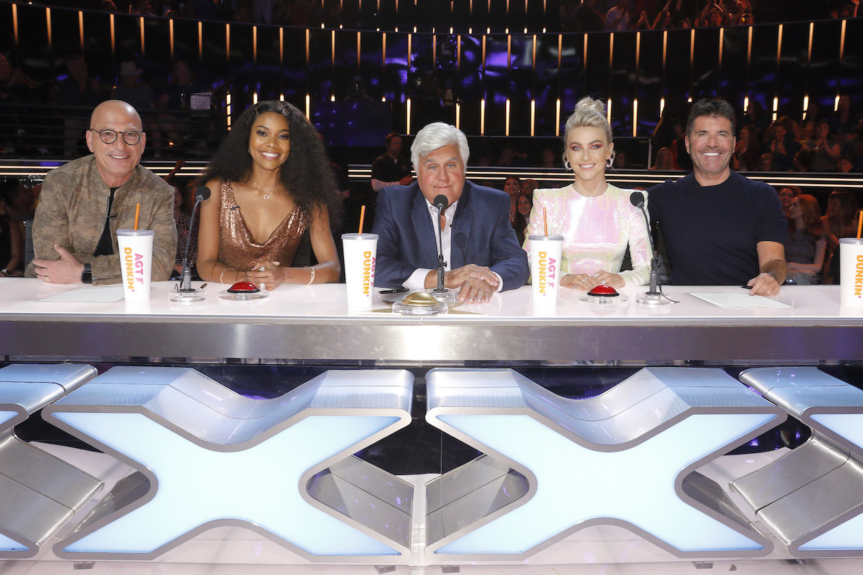 `America's Got Talent`: Pictured, from left: Howie Mandel, Gabrielle Union, Jay Leno, Julianne Hough and Simon Cowell. (NBC photo by Trae Patton)