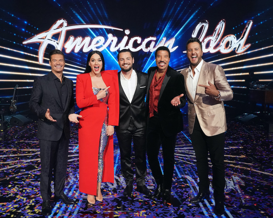 `American Idol` has found its new champion, Chayce Beckham (center). He is shown with host Ryan Seacrest and judges Katy Perry, Lionel Richie and Luke Bryan. (ABC photo by Eric McCandless)