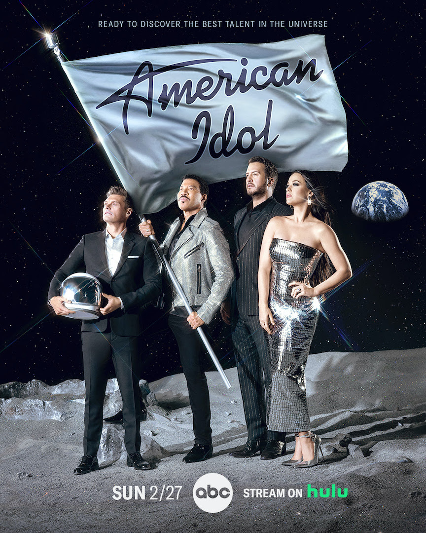 `American Idol` key art courtesy of ABC Media Relations. Pictured, from left: host Ryan Seacrest and judges Lionel Richie, Luke Bryan and Katy Perry.
