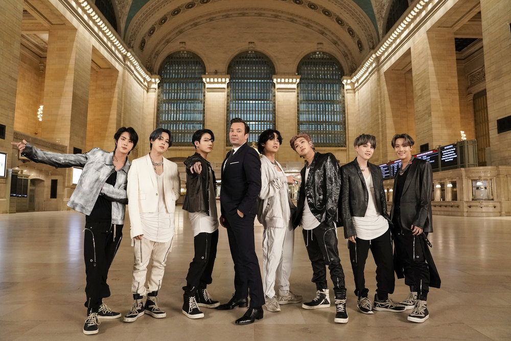 Pictured, from left, Jin, Jimin, and Jungkook of BTS, with host Jimmy Fallon and V, RM, SUGA, and J-Hope of BTS in Grand Central Terminal on the Feb. 24 episode of `The Tonight Show Starring Jimmy Fallon.` (NBC photo by Andrew Lipovsky)