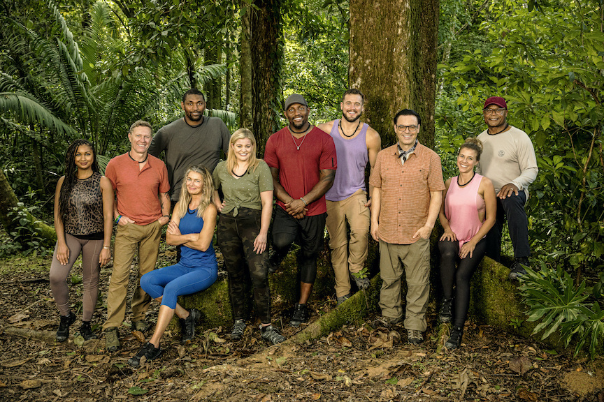 Pictured, from left, are the stars of CBS reality series `Beyond the Edge`: Eboni K. Williams, Craig Morgan, Metta World Peace, Paulina Porizkova (seated), Lauren Alaina, Ray Lewis, Colton Underwood, Mauro Ranallo (host), Jodie Sweetin and Mike Singletary. (Photo by Robert Voets/CBS Entertainment ©2021 CBS Broadcasting Inc./all rights reserved)