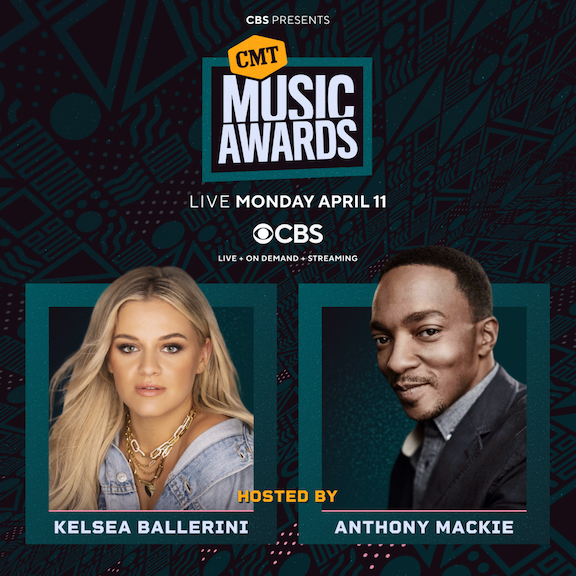 The 2022 CMT Music Awards hosts: country music star Kelsea Ballerini and actor Anthony Mackie. (Photo: CBS / ©2022 CBS Broadcasting Inc./All rights reserved)
