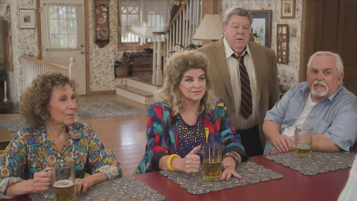 Rhea Perlman, Kirstie Alley, George Wendt and John Ratzenberger on `The Goldbergs.` (ABC photo)