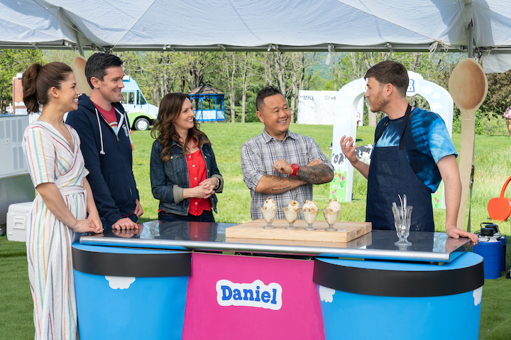 Host Molly Yeh and judges Chris Rivard, Ali Tila and Jet Tila sample a competitor's dish, as seen on `Ben and Jerry's: Clash of the Cones.` (Food Network photo)