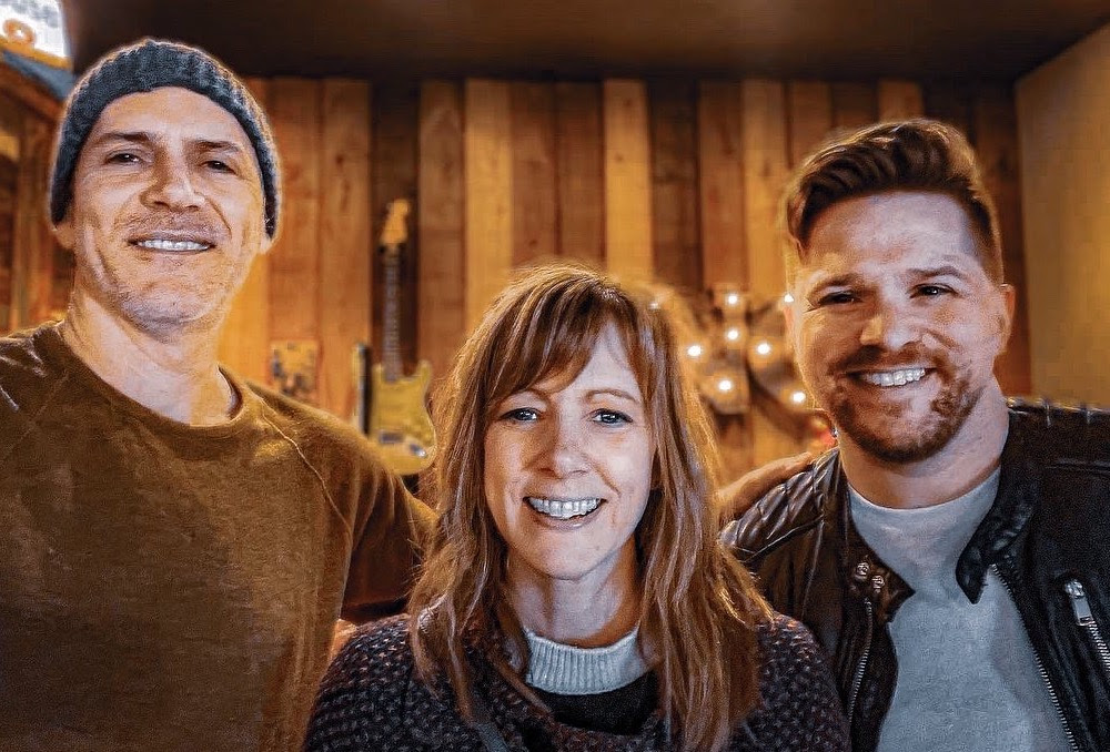 Pictured in the studio, from left: Brent Milligan (co-producer), Sandra McCracken and Elias Dummer. (Photo courtesy of Turning Point Media Relations)