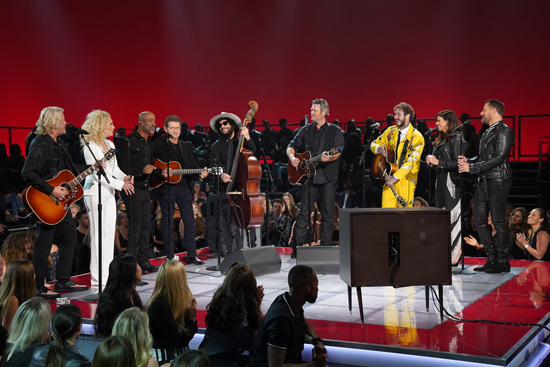 The 50th anniversary of the Elvis comeback special: Pictured, from left: Phillip Sweet and Kimberly Schlapman of Little Big Town, Darius Rucker, Mac Davis, Don Was, Blake Shelton, Post Malone, Karen Fairchild and Jimi Westbrook of Little Big Town. (NBC photo by Tyler Golden)