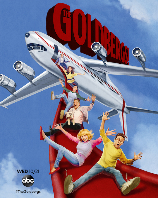 `The Goldbergs` continues its yearly movie homage season premiere tradition with a nod to the '80s classic comedy `Airplane!` and has released new key art and a promo. The episode airs Wednesday, Oct. 21 (8-8:30 p.m. EDT), on ABC, as part of a one-hour event with back-to-back episodes of the long-running comedy. (ABC key art)

