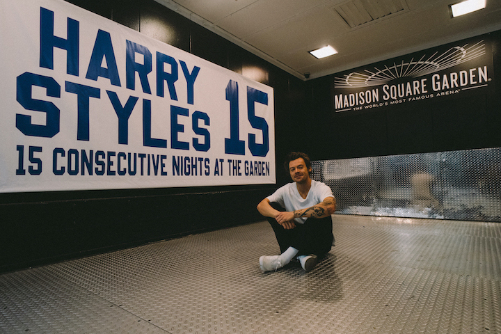 Harry Styles with his Madison Square Garden banner (Photo by Rich Fury/MSG Entertainment/ courtesy of Sony Music Entertainment/Columbia Records)