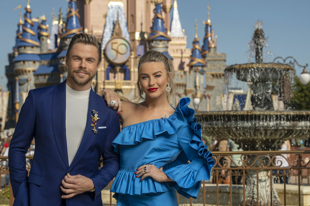 Derek Hough and Julianne Hough, shown hosting the `Disney Parks Magical Christmas Day Parade,` will present `Step Into...The Movies with Derek and Julianne Hough` ahead of the Oscars. (Disney photo by Kent Phillips)