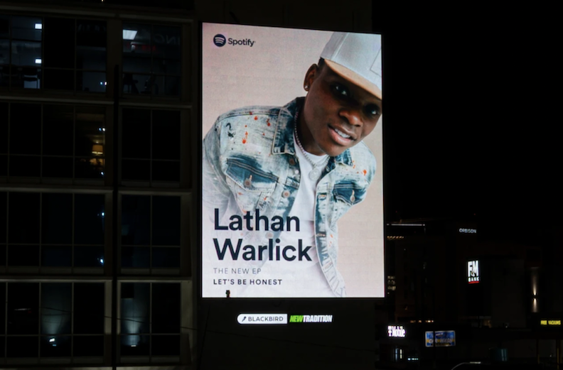 Lathan Warlick on the popular Spotify billboard located in Nashville. (Image courtesy of Merge PR)