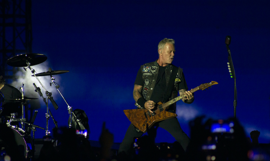 Metallica frontman James Hetfield entertains the Highmark Stadium crowd.