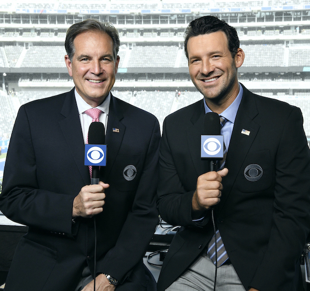 `NFL on CBS`: Jim Nantz, left, lead NFL play-by-play announcer; and Tony Romo, lead analyst. (Photo credit: John Paul Filo/CBS CBS ©2018 CBS Broadcasting Inc./all rights reserved) 