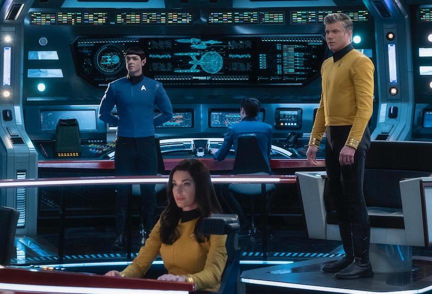 From left, Ethan Peck, Rebecca Romijn and Anson Mount star in `Star Trek: Strange New Worlds` on Paramount+. (CBS photo by Michael Gibson)