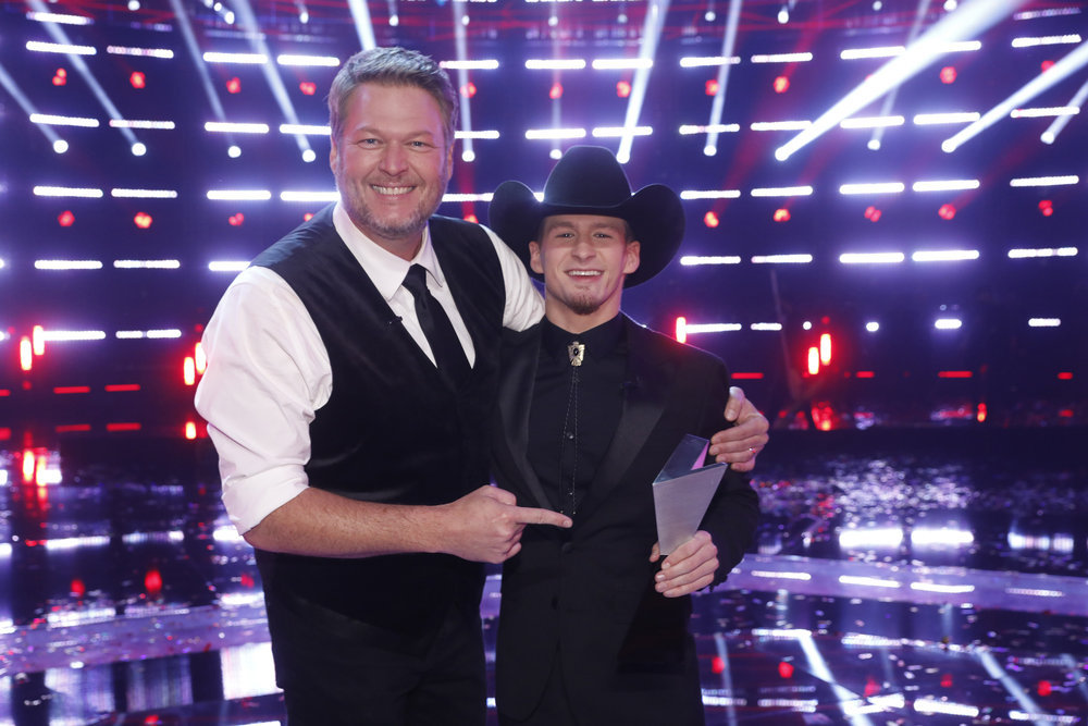 `The Voice` `Live Finale Part 2` Episode 2220B: Pictured, from left: Blake Shelton and Bryce Leatherwood. (NBC photo by Trae Patton)