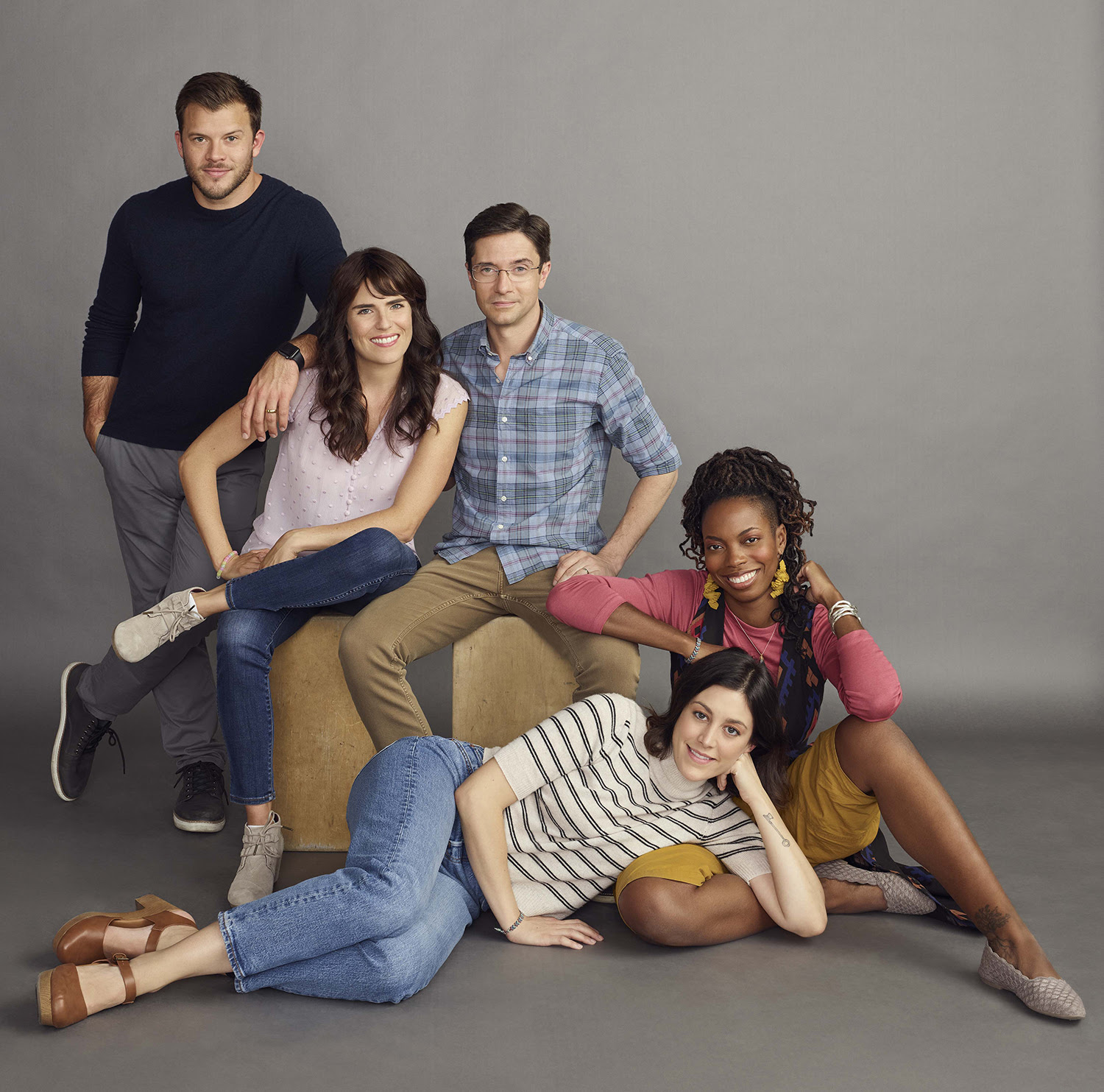 ABC's `Home Economics` stars Jimmy Tatro as Connor, Karla Souza as Marina, Topher Grace as Tom, Caitlin McGee as Sarah and Sasheer Zamata as Denise. (ABC photo by Sami Drasin)