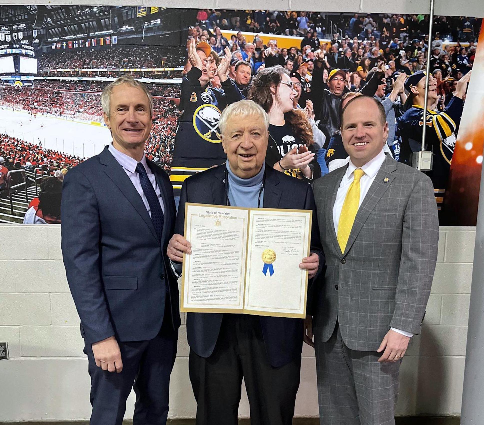 New York State Sen Sean Ryan, left, is shown with Rick Jeanneret and New York State Sen. Tim Kennedy at KeyBank Center, the home of the NHL's Buffalo Sabres. (Submitted photo)