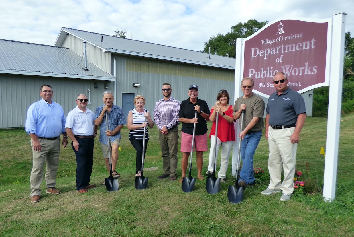Village of Lewiston trustees join with Department of Public Works Superintendent Larry Wills and members of Nussbaumer & Clarke and Peak Construction Group to announce start of renovations at the DPW garage.