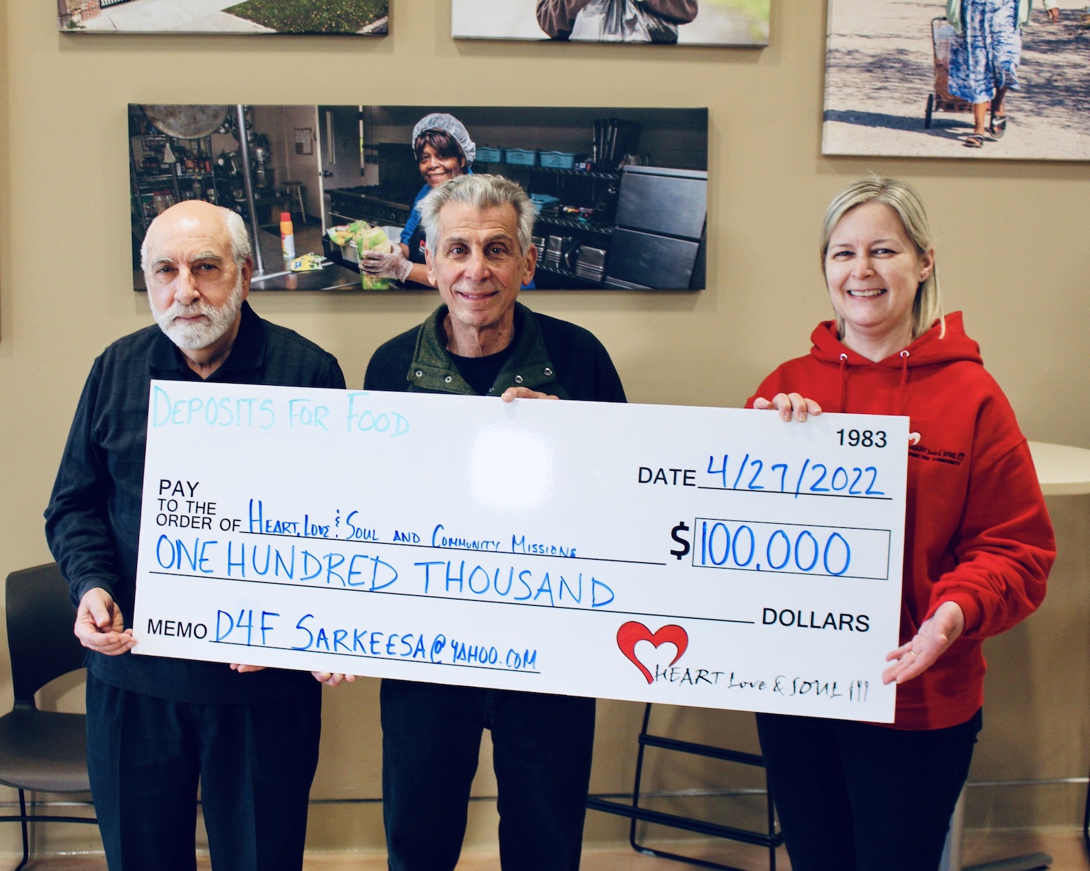 Pictured, from left: Community Missions Vice President Joe Sbarbati, `Deposits for Food` founder Angelo Sarkees and Heart, Love & Soul Assistant Director Pam Dixon. (Submitted photo)